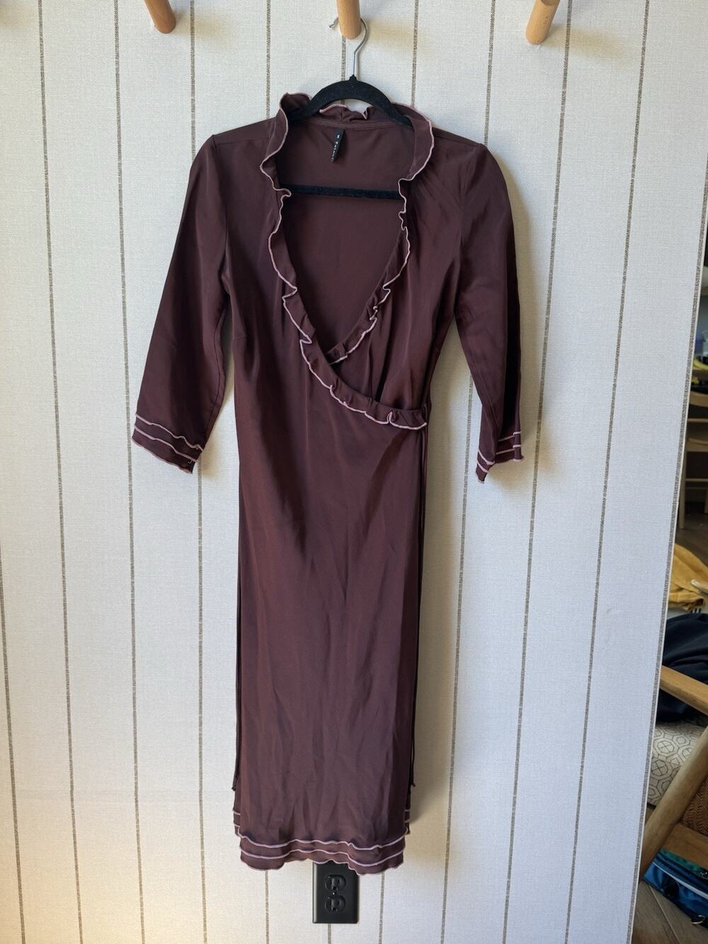Y2K Poleci 100% Silk Faux Wrap Midi Dress Brown Pink Small Whimsygoth Preppy